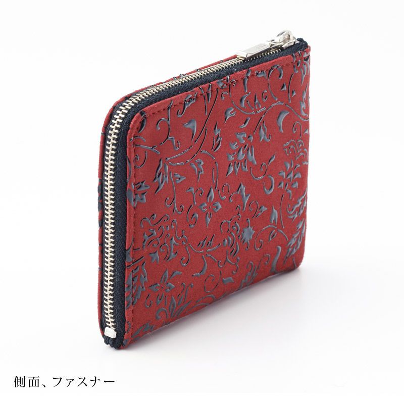 印傳屋 1008】甲州印伝 本革 親子ファスナー小銭入れ《 赤地×黒漆 / 花