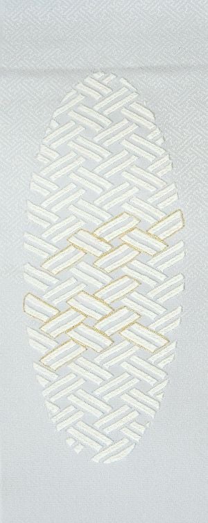 名古屋帯　金駒刺繍　紐文様　紗綾形地紋　白地　金糸　銀糸　着物　084tz 紗綾形にあじろ 刺繍半衿 / 正絹・塩瀬 / 袷用 / 白地×白金 / 半襟