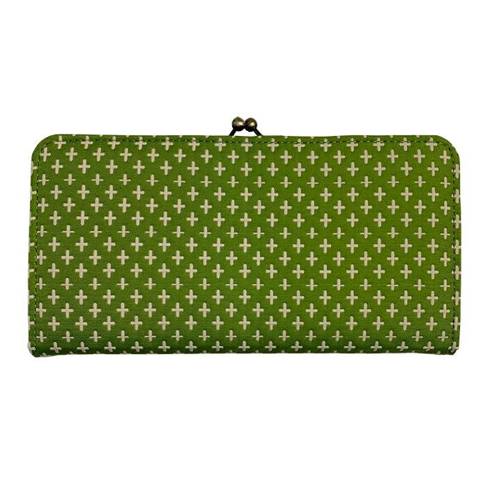 ふくれ織り 麻の葉 がま口財布 長財布 緑 ギフト 箱入り