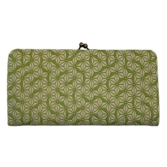 ふくれ織り 麻の葉 がま口財布 長財布 緑 ギフト 箱入り