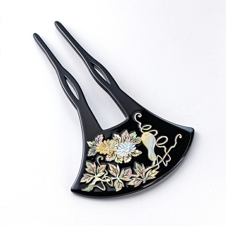 螺鈿細工かんざし 銀杏型 菊ひょうたん柄 髪飾り 簪 かんざし イチョウ