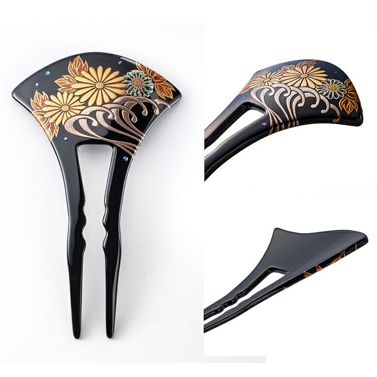 本漆塗り山中蒔絵本金粉使用かんざし 楓（かえで）台 銀杏型 菊文様 髪