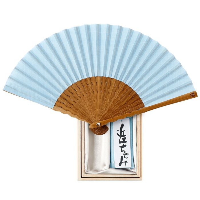 近江ちぢみ 本麻 扇子セット 《水色 》 麻100％ 京都 さんび