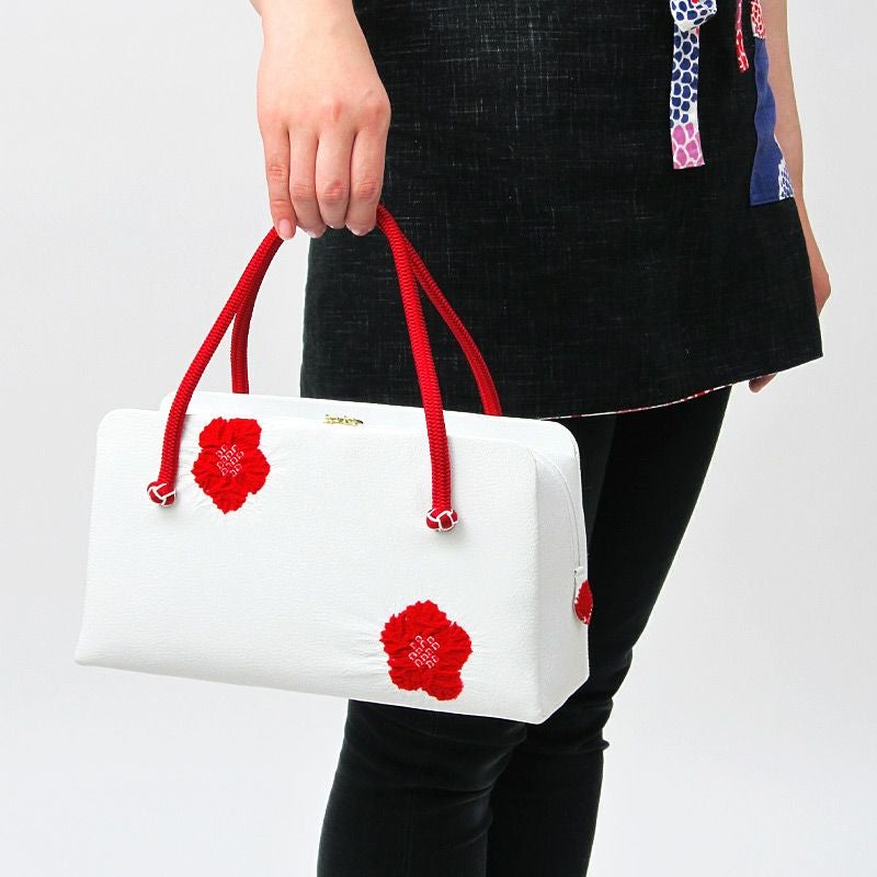 小田巻飾り 輪出し梅絞り 利休バッグ《 白地×赤 》 ハンドバッグ