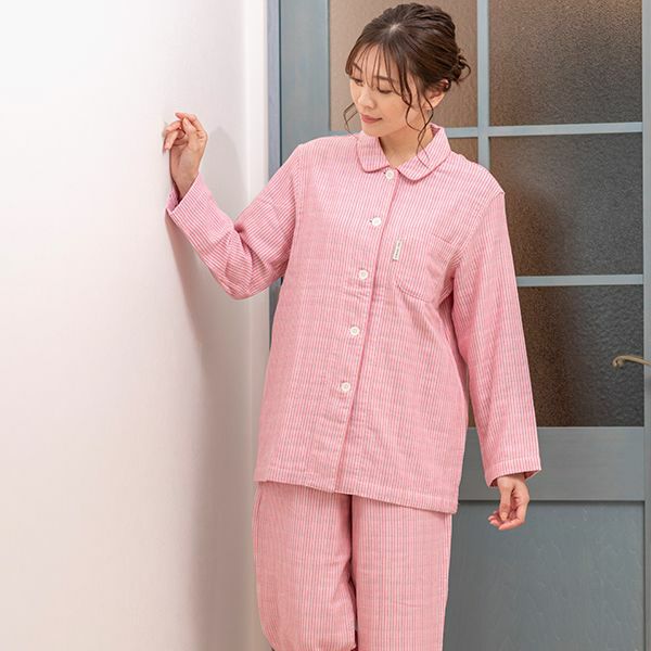 ETRO ピンク系 パジャマ L Amour アムール】3重ガーゼ レディース ストライプ パジャマ 秋 冬