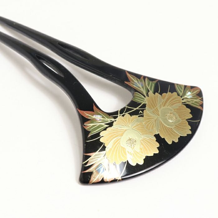 蒔絵かんざし イチョウ型 牡丹柄 髪飾り 簪 かんざし 銀杏型 入卒用