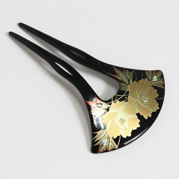 蒔絵かんざし イチョウ型 牡丹柄 髪飾り 簪 かんざし 銀杏型 入卒用