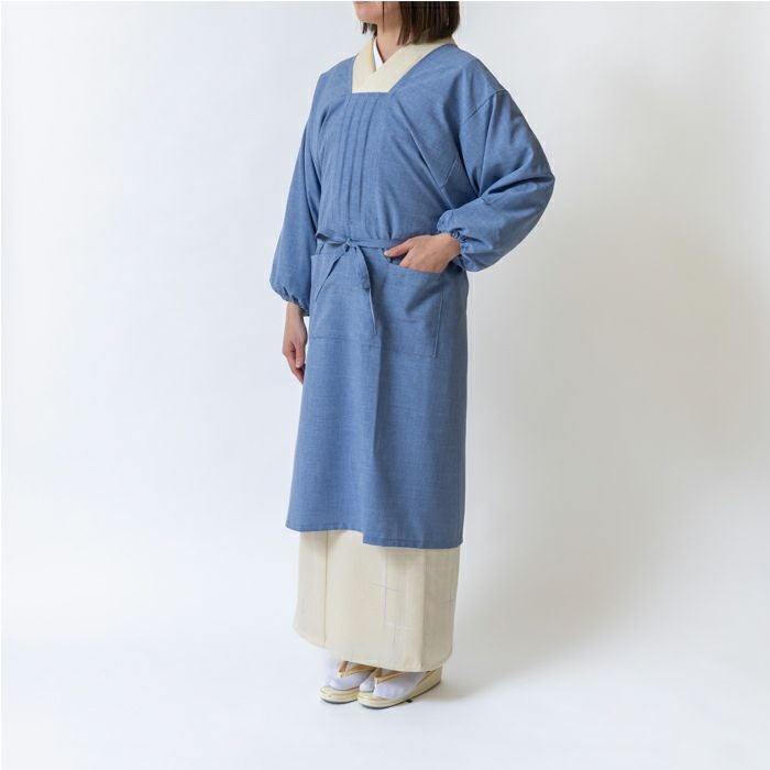 割烹着 No.701E 【ブルー】 着物用割烹着 着物用エプロン ゆったり袖
