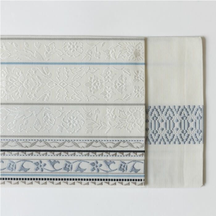 博多織半幅帯 古今 更紗幾何献上 ≪ホワイト/グレー≫ 正絹 日本製