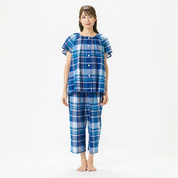 renoma】 婦人パジャマ チェック柄の涼しいシャーリング半袖パジャマ