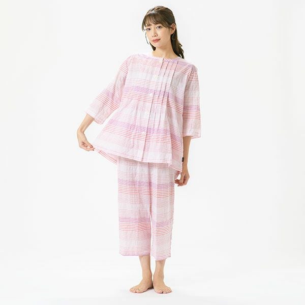 renoma】 婦人パジャマ ボーダー柄の涼しいシャーリング7分袖・8分
