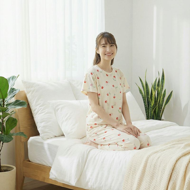 ELLE】 婦人パジャマ チェリープリントが可愛いTシャツパジャマ