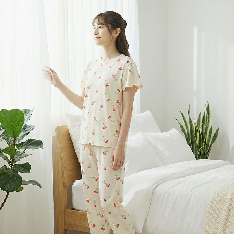 ELLE】 婦人パジャマ チェリープリントが可愛いTシャツパジャマ