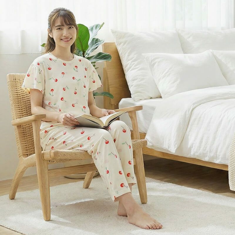 ELLE】 婦人パジャマ チェリープリントが可愛いTシャツパジャマ