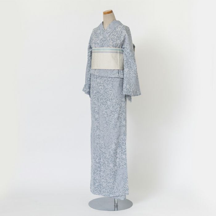 新品浴衣 新吸汗速乾繊維【板締め絞り風 斜め格子】ブルーグラデーション★お単衣も 浴衣 レディース 絞り 単品 お仕立て上がり「ゴージャスあやめ」流水菊