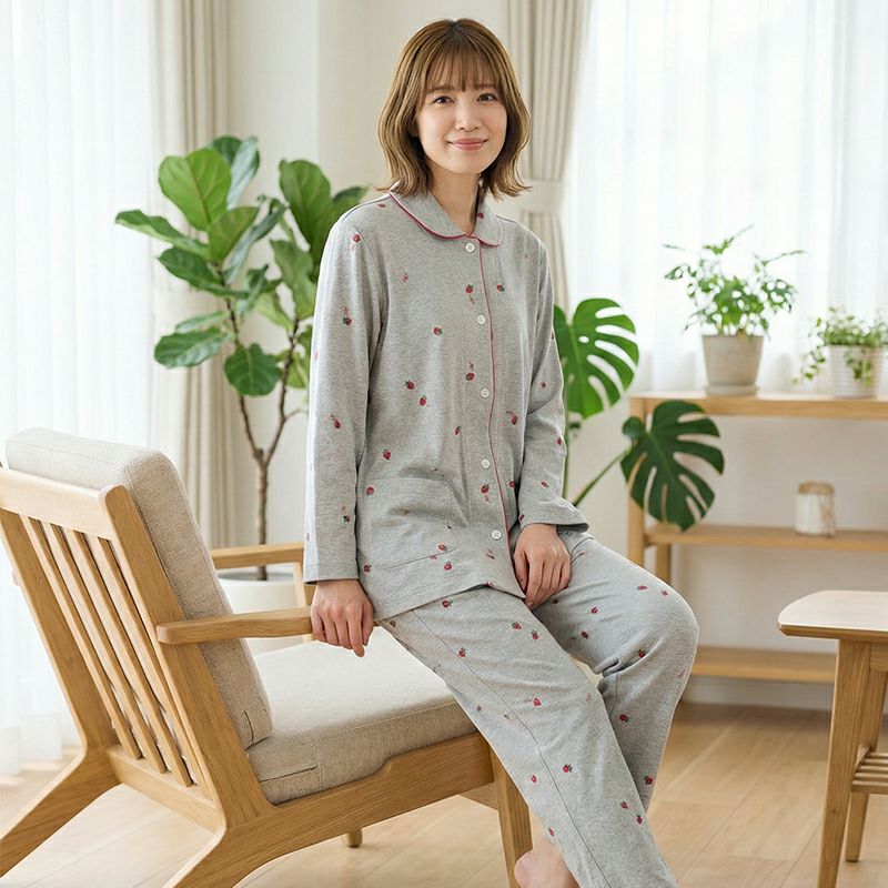 ELLE】 婦人パジャマ いちごプリントが可愛い スムースパジャマ