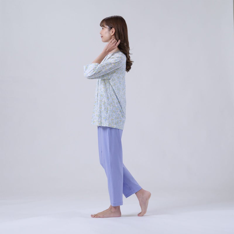 【Amour/アムール】ハートフラワー柄天竺プリントパジャマラグラン袖7分袖長ズボン無地ボトム日本製