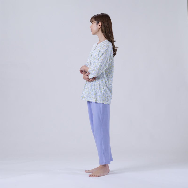 【Amour/アムール】ハートフラワー柄天竺プリントパジャマラグラン袖7分袖長ズボン無地ボトム日本製