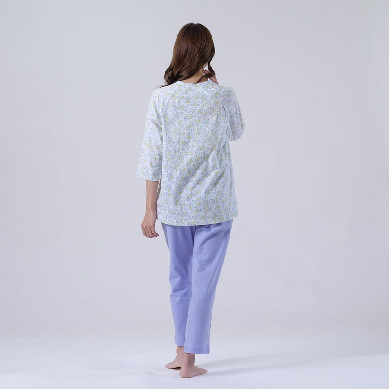 【Amour/アムール】ハートフラワー柄天竺プリントパジャマラグラン袖7分袖長ズボン無地ボトム日本製