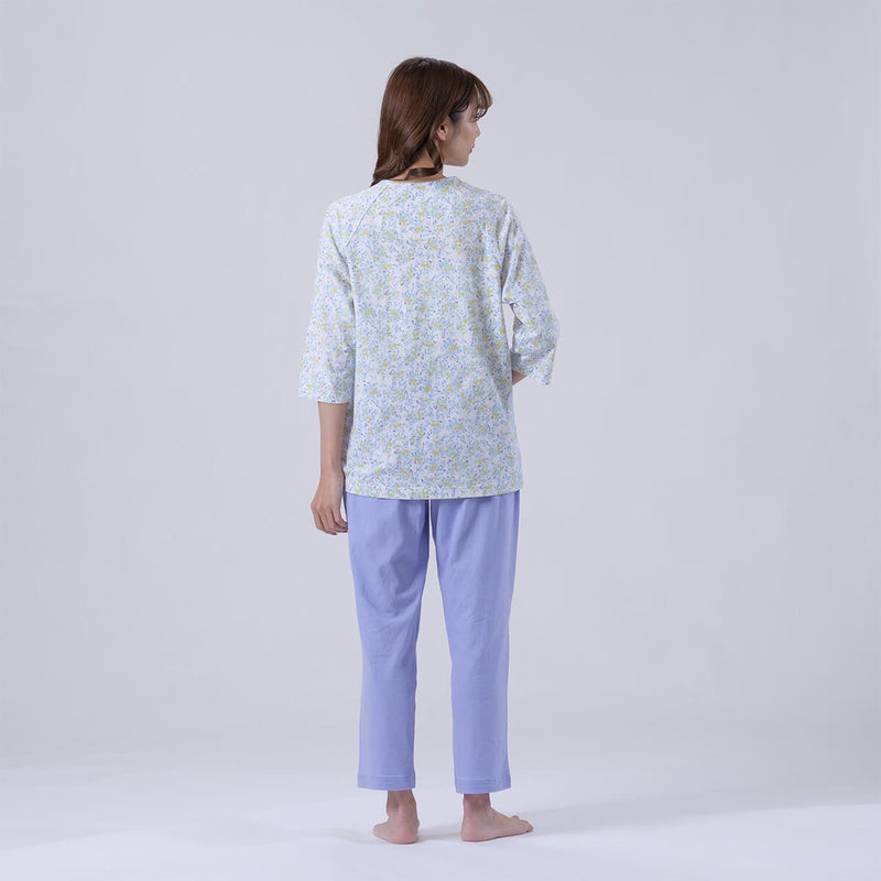 【Amour/アムール】ハートフラワー柄天竺プリントパジャマラグラン袖7分袖長ズボン無地ボトム日本製