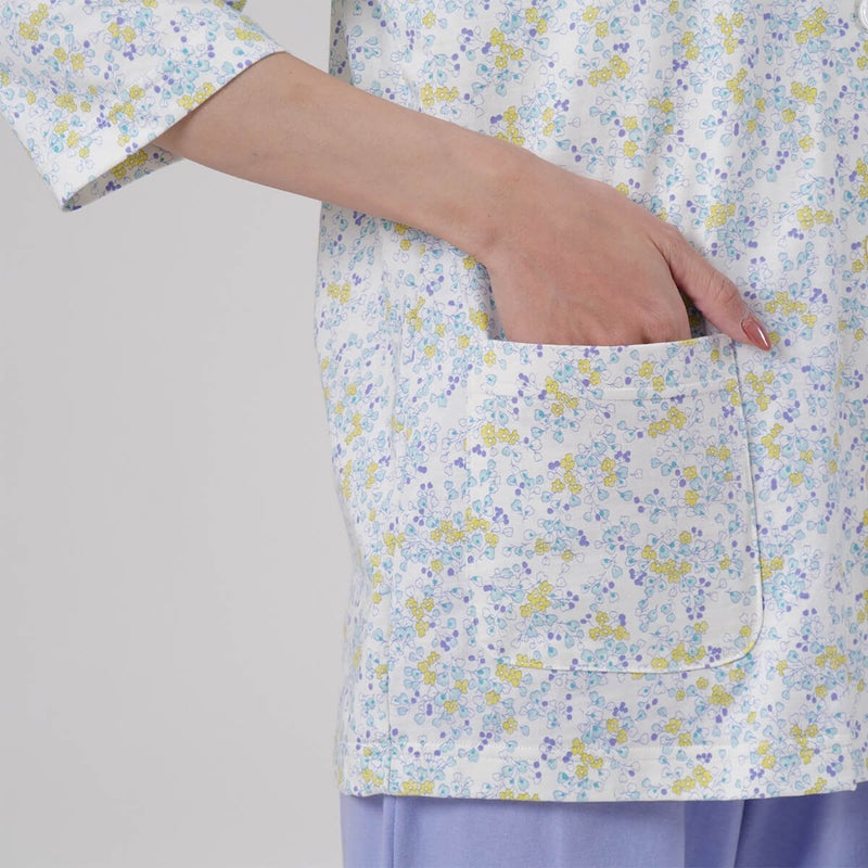 【Amour/アムール】ハートフラワー柄天竺プリントパジャマラグラン袖7分袖長ズボン無地ボトム日本製