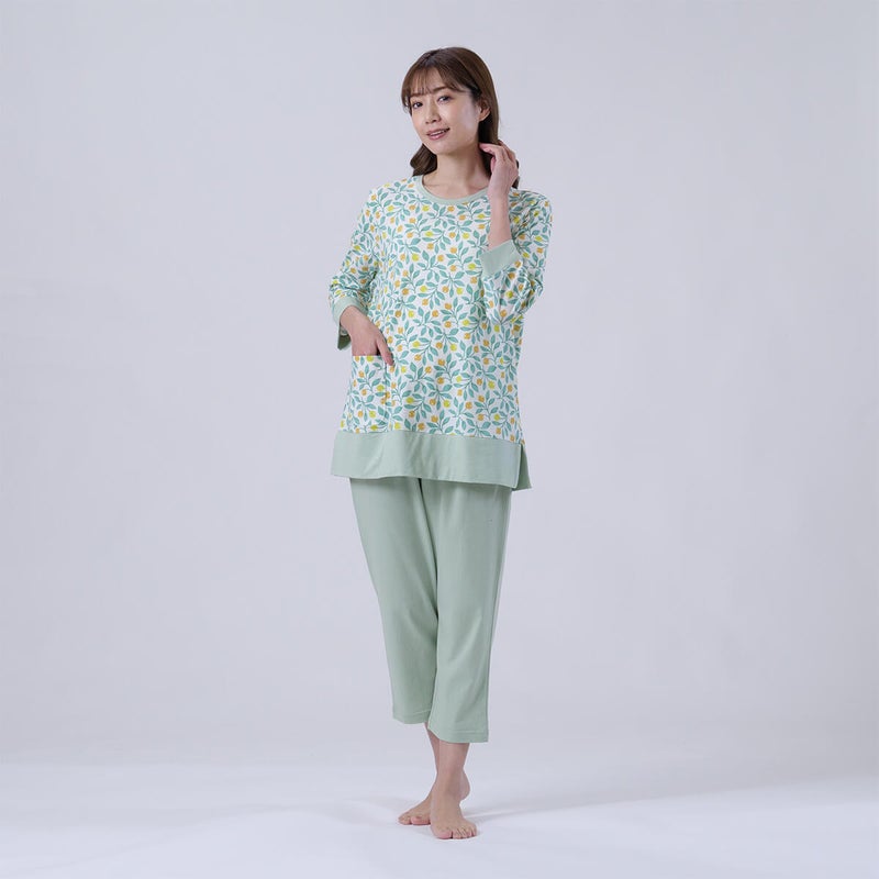 【Amour】綿100％蕾＆リーフ柄天竺プリントルームウェア