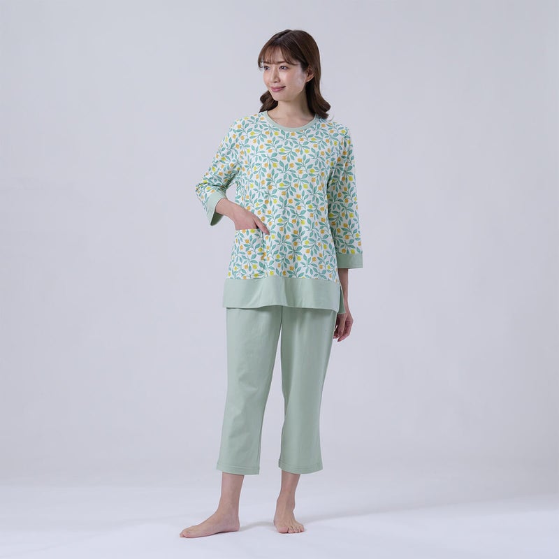 【Amour】綿100％蕾＆リーフ柄天竺プリントルームウェア