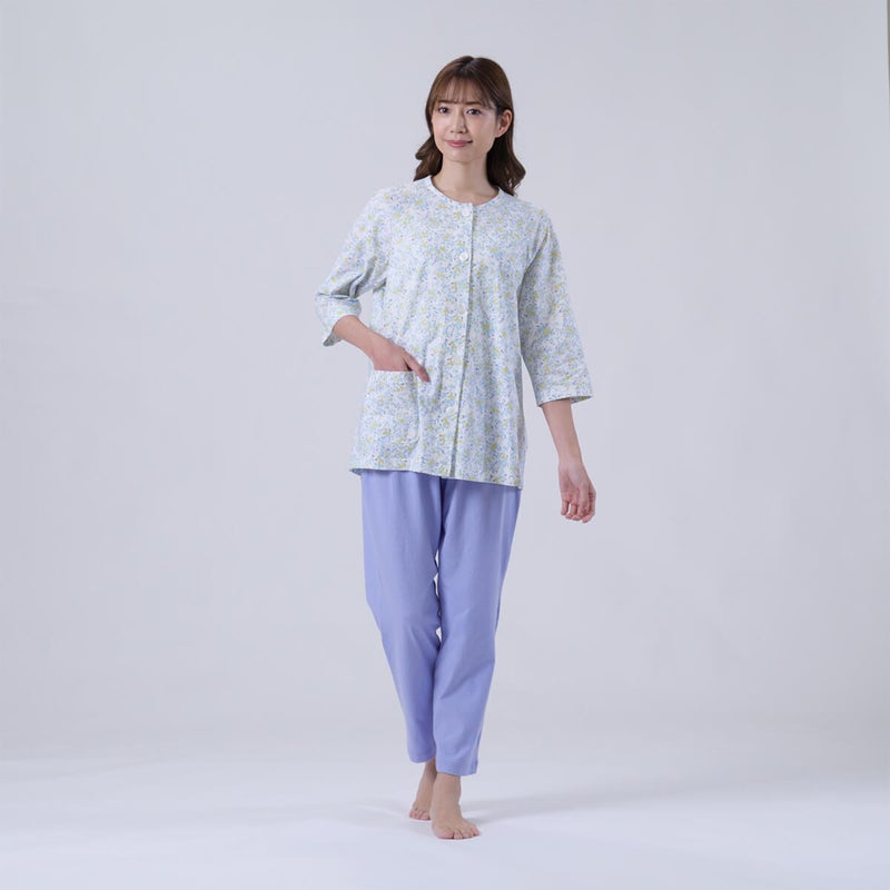 【Amour150/アムール150】【小柄な方向け】ハートフラワー柄天竺プリントパジャマラグラン袖7分袖長ズボン無地ボトム日本製