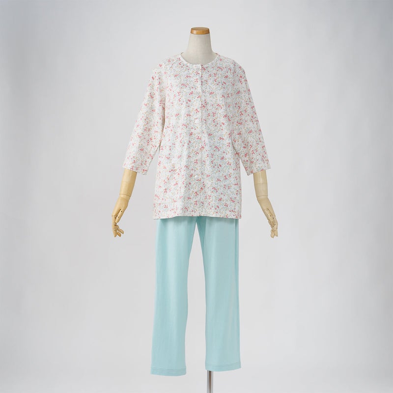 【Amour150/アムール150】【小柄な方向け】ハートフラワー柄天竺プリントパジャマラグラン袖7分袖長ズボン無地ボトム日本製