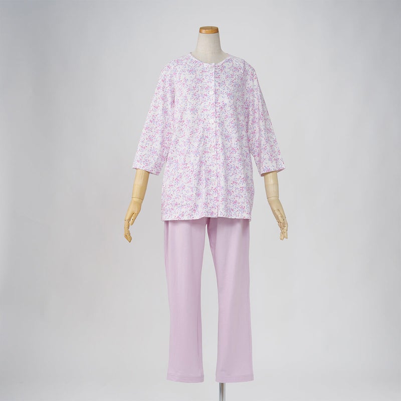 【Amour150/アムール150】【小柄な方向け】ハートフラワー柄天竺プリントパジャマラグラン袖7分袖長ズボン無地ボトム日本製