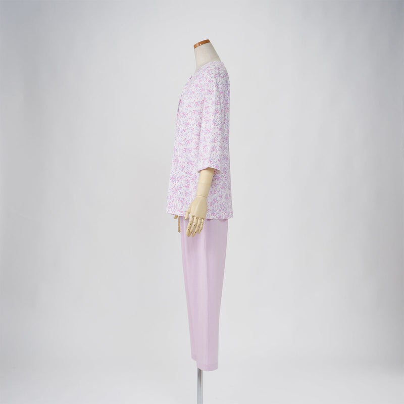 【Amour150/アムール150】【小柄な方向け】ハートフラワー柄天竺プリントパジャマラグラン袖7分袖長ズボン無地ボトム日本製