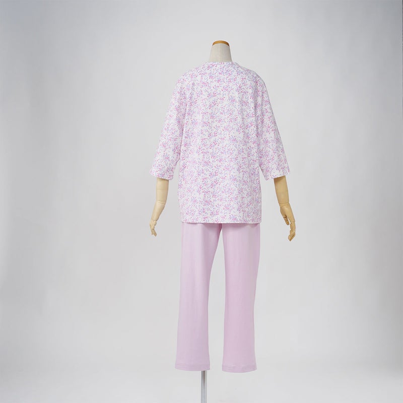 【Amour150/アムール150】【小柄な方向け】ハートフラワー柄天竺プリントパジャマラグラン袖7分袖長ズボン無地ボトム日本製