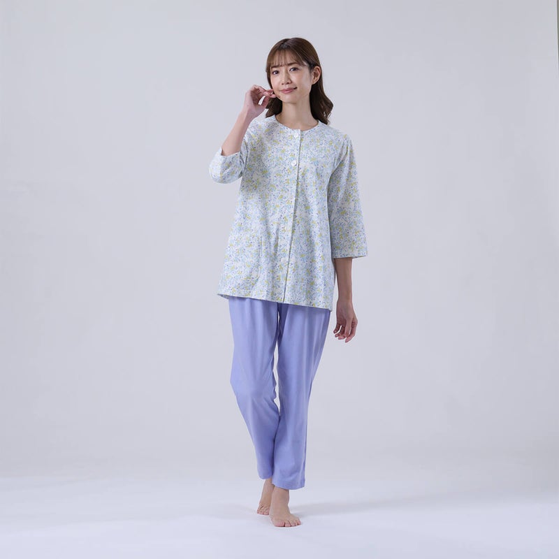 【Amour150/アムール150】【小柄な方向け】ハートフラワー柄天竺プリントパジャマラグラン袖7分袖長ズボン無地ボトム日本製