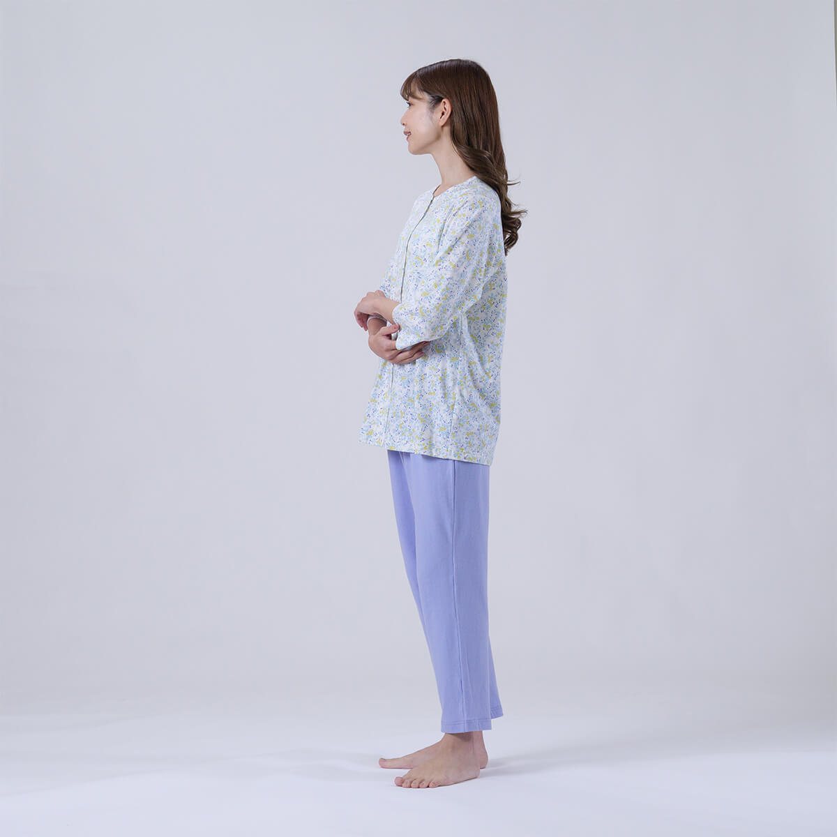 【Amour150/アムール150】【小柄な方向け】ハートフラワー柄天竺プリントパジャマラグラン袖7分袖長ズボン無地ボトム日本製