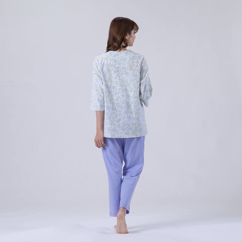 【Amour150/アムール150】【小柄な方向け】ハートフラワー柄天竺プリントパジャマラグラン袖7分袖長ズボン無地ボトム日本製