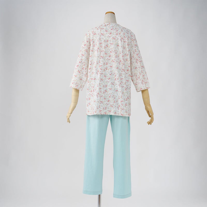 【Amour150/アムール150】【小柄な方向け】ハートフラワー柄天竺プリントパジャマラグラン袖7分袖長ズボン無地ボトム日本製