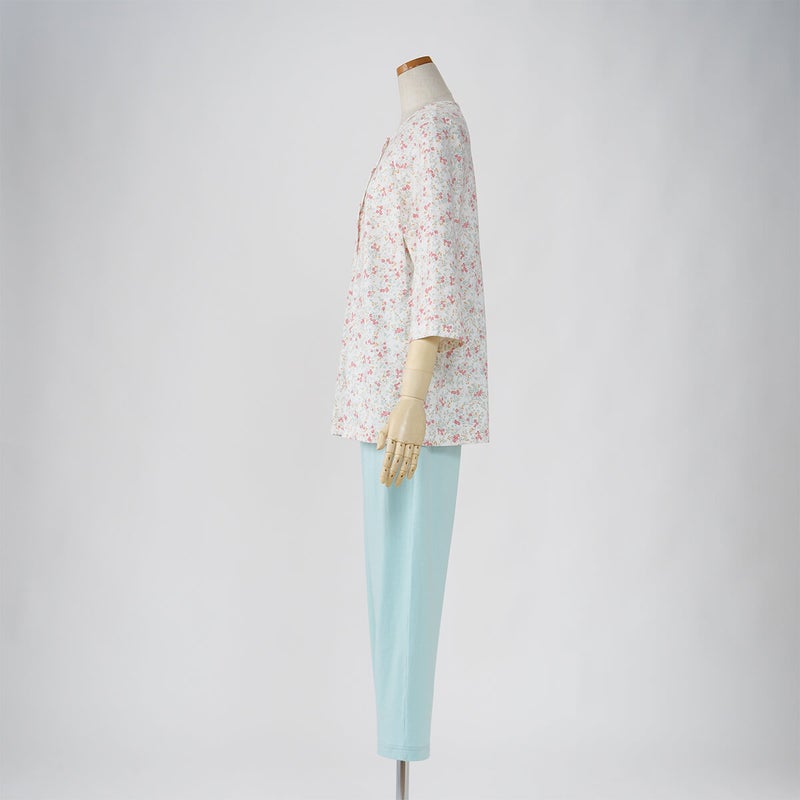 【Amour150/アムール150】【小柄な方向け】ハートフラワー柄天竺プリントパジャマラグラン袖7分袖長ズボン無地ボトム日本製