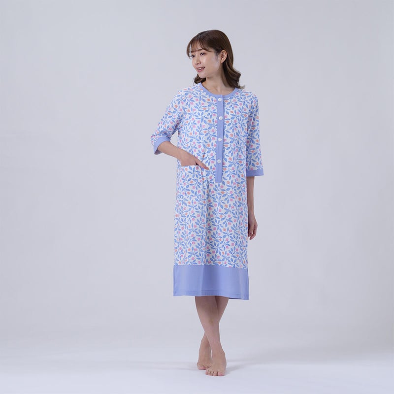 【Amour150】【小柄な方向け】綿100％蕾＆リーフ柄天竺プリント7分袖ワンピース半開き