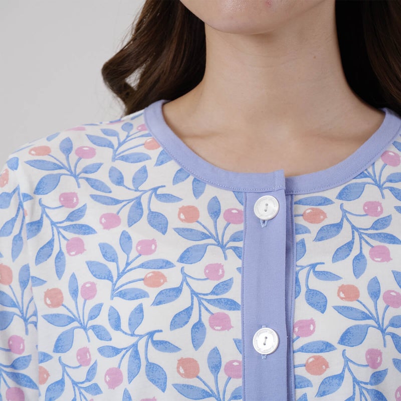 【Amour150】【小柄な方向け】綿100％蕾＆リーフ柄天竺プリント7分袖ワンピース半開き