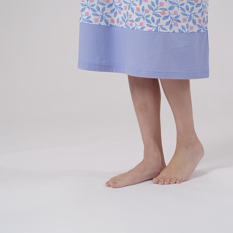 【Amour150】【小柄な方向け】綿100％蕾＆リーフ柄天竺プリント7分袖ワンピース半開き