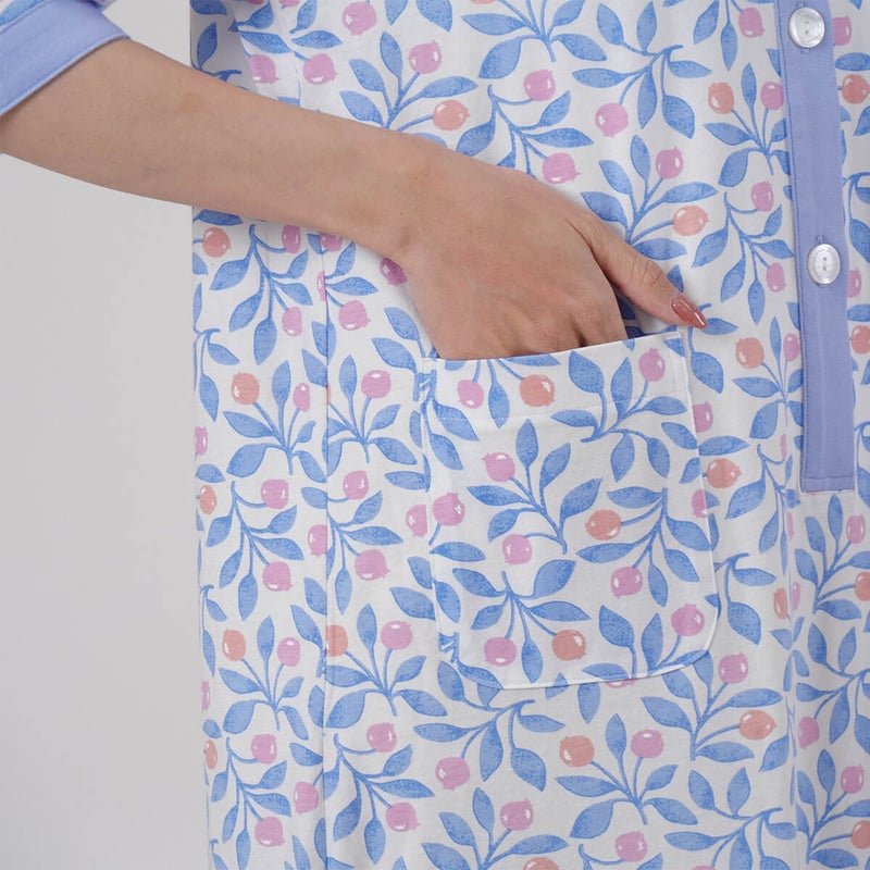 【Amour150】【小柄な方向け】綿100％蕾＆リーフ柄天竺プリント7分袖ワンピース半開き