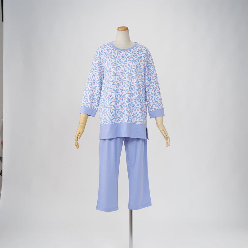 【Amour150】【小柄な方向け】綿100％蕾＆リーフ柄天竺プリントパジャマ8分袖8分ズボン