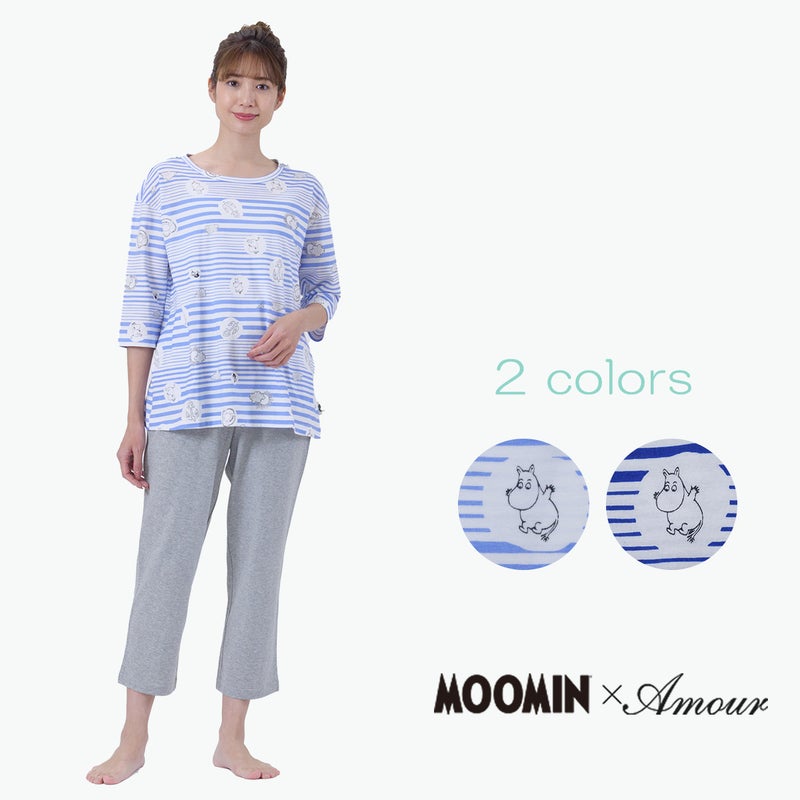 【MOOMINムーミン】×【Amourアムール】マリンボーダー天竺プリント7分袖・8分丈ズボンパジャマ
