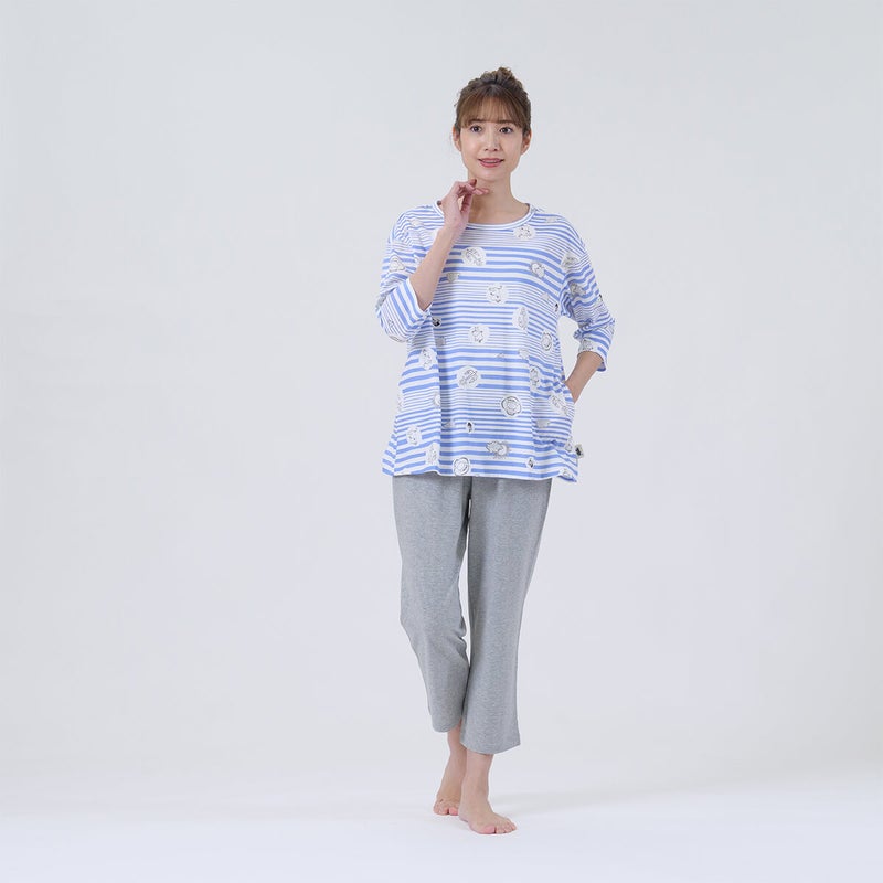 【MOOMINムーミン】×【Amourアムール】マリンボーダー天竺プリント7分袖・8分丈ズボンパジャマ