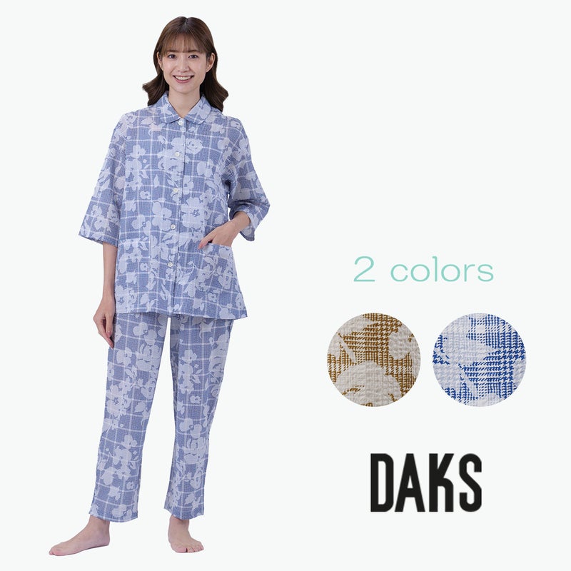 【DAKS】チェックオンフラワープリント80ローンリップル7分袖長ズボンパジャマ日本製綿100％