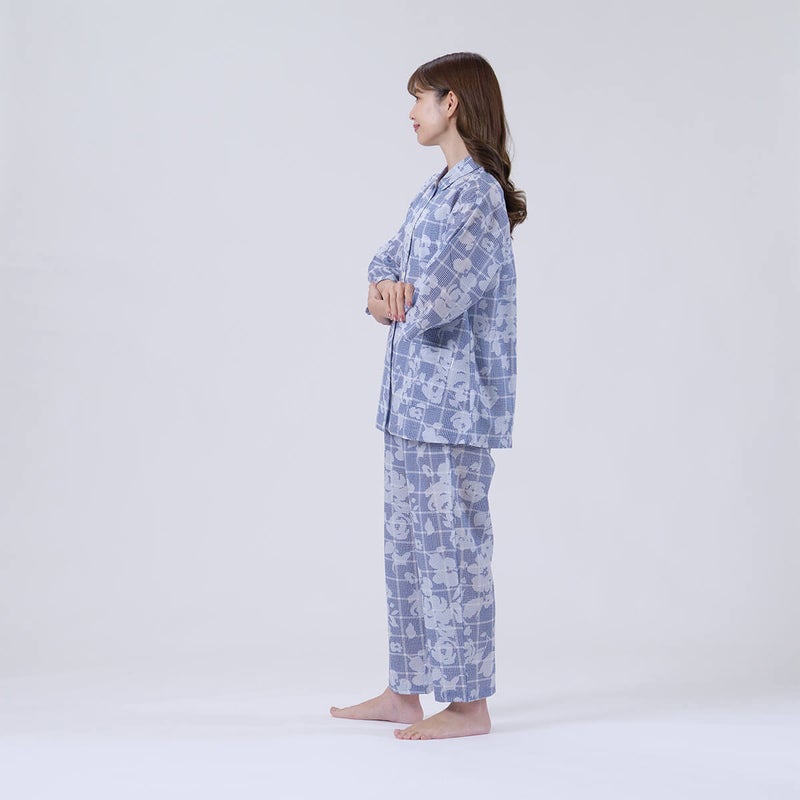 【DAKS】チェックオンフラワープリント80ローンリップル7分袖長ズボンパジャマ日本製綿100％