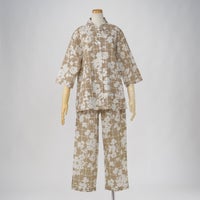 【DAKS】チェックオンフラワープリント80ローンリップル7分袖長ズボンパジャマ日本製綿100％