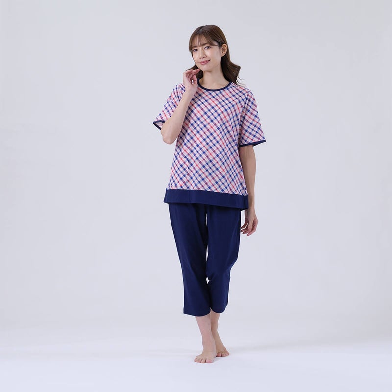 【DAKS】ハウスチェック天竺プリント半袖8分丈ズボンかぶりパジャマ無地ボトム