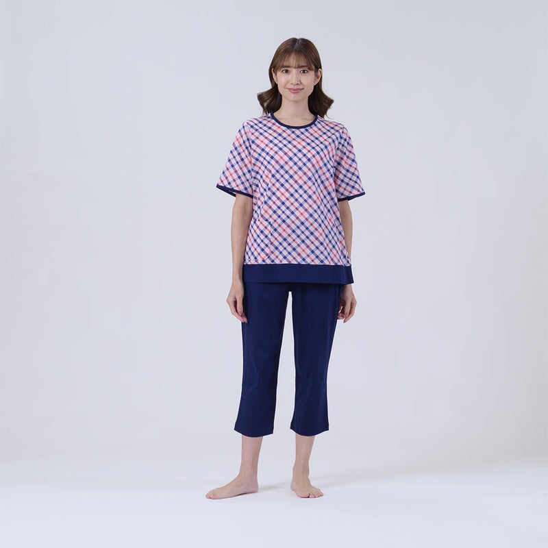 【DAKS】ハウスチェック天竺プリント半袖8分丈ズボンかぶりパジャマ無地ボトム
