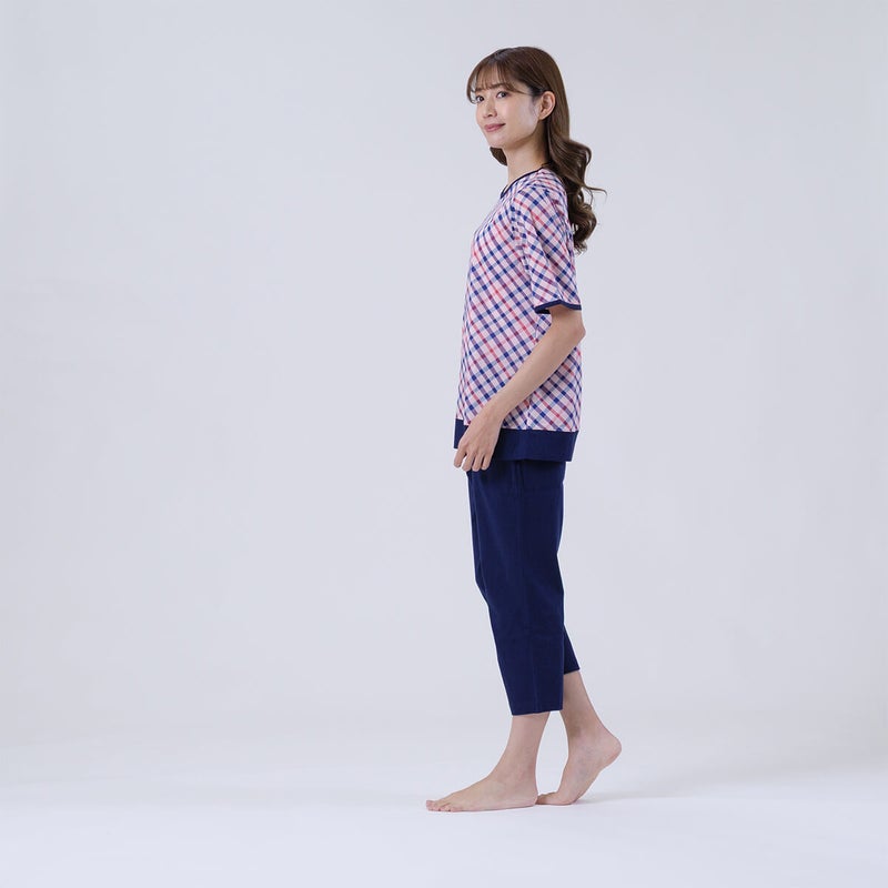 【DAKS】ハウスチェック天竺プリント半袖8分丈ズボンかぶりパジャマ無地ボトム